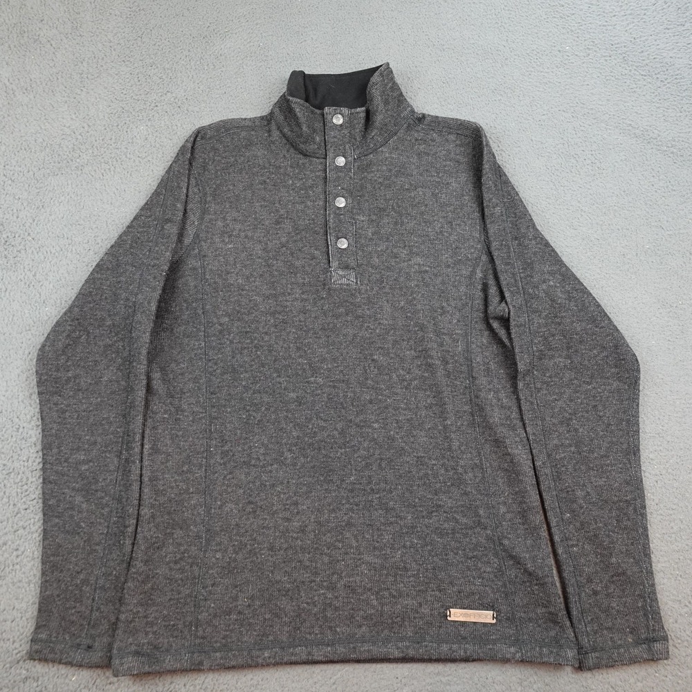ExOfficio Pullover Sweater Mens Large Gray Wool Blend Button Mock Neck Outdoors